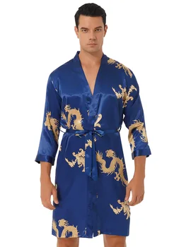 Uzun Kollu Kimono Bornoz Şort Dragon Basılı ile Gece Bornoz İki Parçalı Nightwear Pijama Gecelik Saten Kuşaklı erkek 