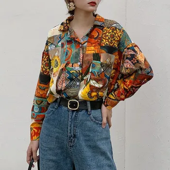 Van Gogh Ayçiçeği Baskı Gömlek Retro Üstleri Yağlıboya Baskı Bahar Bluz Tasarım Kız Gevşek Tüm Maç Blusa Camisa