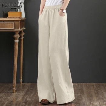 Vintage Geniş Bacak Pantolon kadın Düz Pantolon ZANZEA Rahat Elastik Bel Uzun Pantalon Palazzo Kadın Cepler Şalgam 