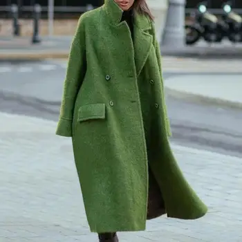 Vintage Uzun Kollu Cep Yeşil Dış Giyim 2021 Sonbahar Rahat Gevşek Karışımı Yün Uzun Palto Kadınlar Düğme Hırka Ceketler Tops