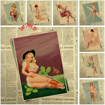 Vintage WW II Seksi Pin Up Kız Klasik Tuval Boyama Vintage Duvar Kraft Posterler Çıkartmalar Ev Dekor Duvar Resmi Oturma Odası