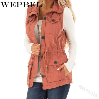 WEPBEL Kadın Kolsuz Ceketler Sonbahar Yelek Cepler Fermuar Düğmesi Rahat Kış Moda Ince Bağbozumu Bayanlar Yelekler