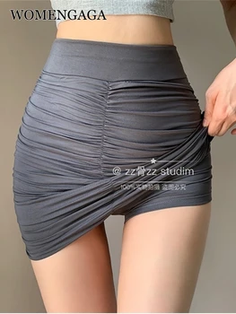 WOMENGAGA Yeni Moda Pilili Zarif Sıska Kalça Yüksek Bel Elastik Bel Mini Etek Seksi Sıcak Kore Kadın Etekler Y2k 2A1Z