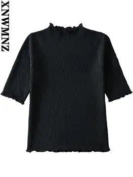 XNWMNZ t-shirt Kadın moda temel gömme kırpılmış elastik iplik t shirt vintage yarım yüksek boyun kısa kollu kadın üstleri mujer