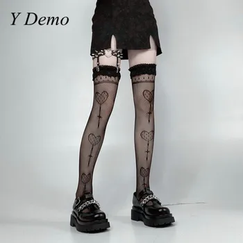 Y Demo Gotik Seksi Örümcek Web Kadın Lolita Elastik Çorap Kalp Desen Harajuku Hollow Out Punk Siyah Uzun Çorap