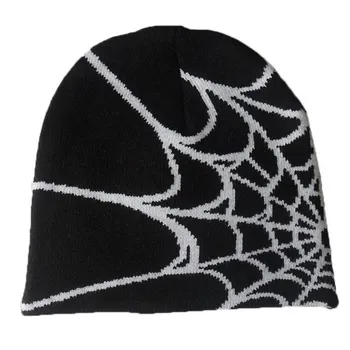 Y2K Gotik Örümcek Desen Yün Akrilik Örme Şapka Kadın Bere Kış Sıcak kasketleri Erkekler Grunge Hip Hop Rahat Skullies Açık