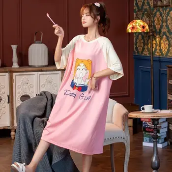 Yaz Gecelik Kadınlar İçin Gevşek Gecelik 2022 Kawaii Denizci Kız Baskı Uyku Elbise Anime Pijama Elbise 5XL Kıyafeti