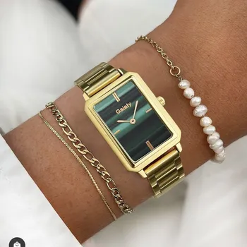 Yeni Gaiety Marka Lüks Bayanlar İzle Moda çelik bant Dikdörtgen Pointer quartz saat Yeşil Bayanlar Saat relogio feminino