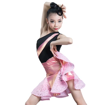 Yeni latin dans kostümü Çocuk Kız Latin Etek Yaz Tarzı Performans Bir Omuz Latin Dans Elbise Setleri Siyah Pembe Dantel