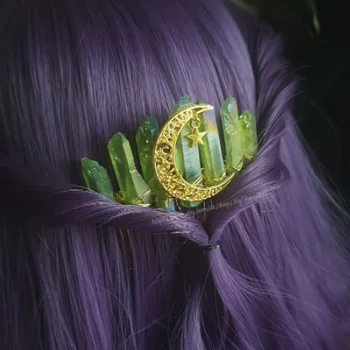 Yeşil aura kuvars hilal ay witchy kristal saç tarak, mermaid elf festivali boho alternatif düğün witchy wiccan kristal