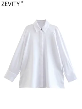 Zevity Kadın Moda Düz Renk Büyük Boy Beyaz Yumuşak Saten Önlük Bluzlar Ofis Bayan Uzun Kollu Gömlek Blusas Chic Tops LS2370