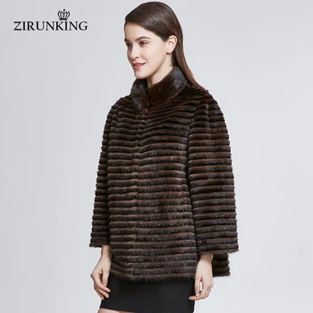 ZIRUNKING 2020 Gerçek Vizon Kürk Ceket Bayan Örme Şerit Rex Tavşan Kürk Palto Dış Giyim Kadın Yaka moda giyim ZC1817
