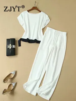 ZJYT Moda Pist 2 Parça pantolon seti Yaz Kadın Kısa Kollu Üst Pantolon Takım Elbise Zarif Ofis Iş Elbisesi Parti Kıyafetleri Beyaz