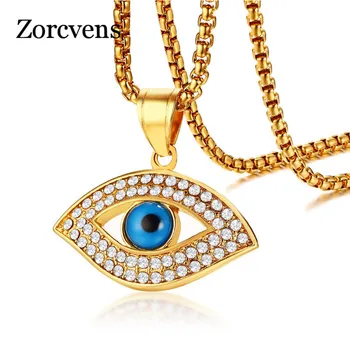 ZORCVENS Trendy Altın Renk AAA CZ Taş Paslanmaz Çelik Mavi Göz Kolye Kolye Kadınlar için