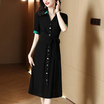 ZUOMANRU kadın Siyah Elbise Moda Yeni Colorblock Kemer Düğme Aşağı Gömlek Elbise Vintage Kısa Kollu Aline Elbise Kadın Vestidos