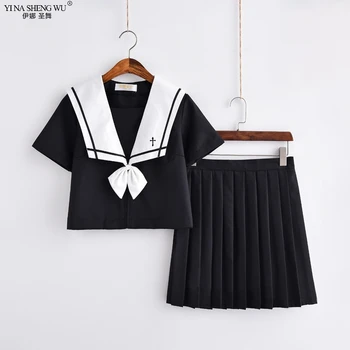 Çapraz Nakış okul üniforması Lise Kız Denizci Elbisesi Cosplay Kostüm Siyah Kısa Uzun Kollu japon animesi Üniformaları