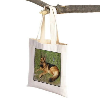 Çift Baskı Alman Çoban Köpeği Alışveriş Çantası Tuval Tote Kadınlar Kullanımlık Moda Sevimli Hayvan Rahat Bayan Alışveriş Çantaları Çanta