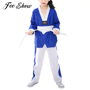 Çocuk Kız Taekwondo Eğitim Kostüm Kıyafetler Uzun Kollu Kuşaklı Üstleri Elastik Kemer Pantolon Kızların Taekwondo Üniforma Giyim