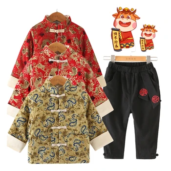 Çocuklar Çin Tarzı Hanfu Erkek Yeni Yıl Tang Takım Elbise Moda Retro Oryantal Giyim Vinç Ejderha Nakış Mont çocuk kıyafetleri
