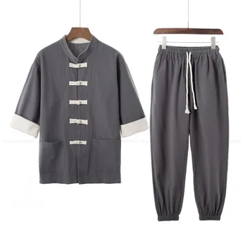 Erkekler Geleneksel Çin Tarzı Tang Takım Elbise Retro Hanfu Gömlek Pantolon Kung Fu Üniforma Seti Japon Kimono Mont Rahat Bluz Pantolon